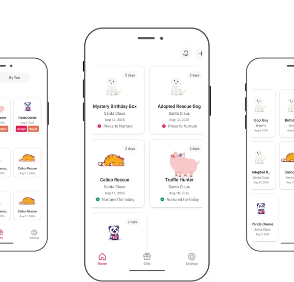 GiftPo app interface showing how to nurture gifts and track them